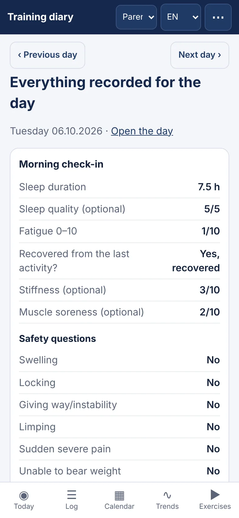 Screen of M-Sport Diary for this step: Parents and coach see the work