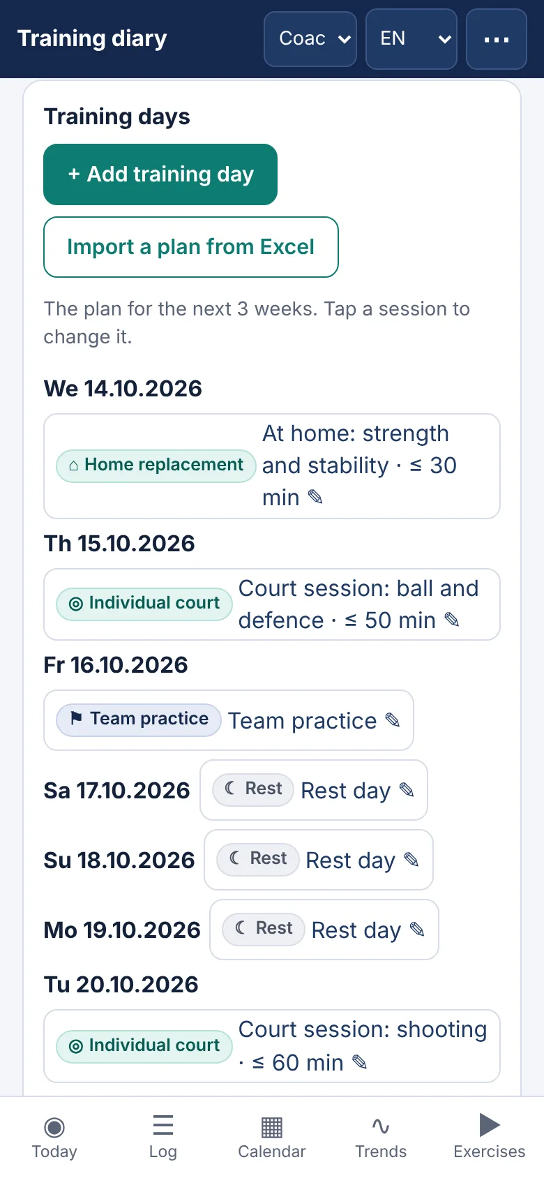 Screen of M-Sport Diary for this step: The coach makes the plan